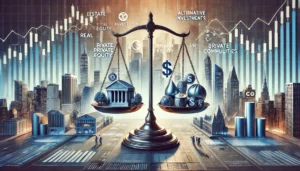 A visual representation of portfolio diversification through alternative investments using a balanced scale with various symbols.