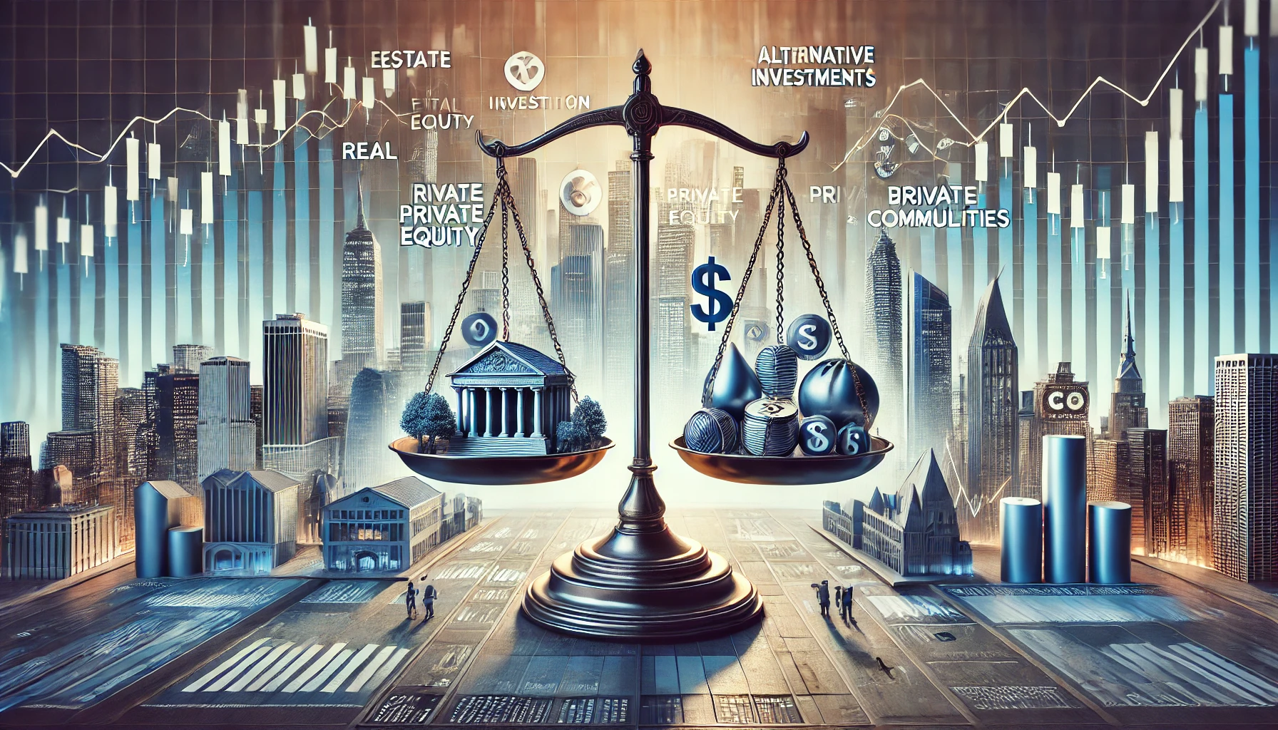 A visual representation of portfolio diversification through alternative investments using a balanced scale with various symbols.