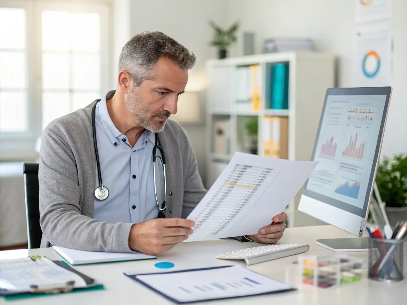 A private investor reviewing a detailed portfolio analysis report in a modern office setting, showcasing IFSA's commitment to personalized financial planning.