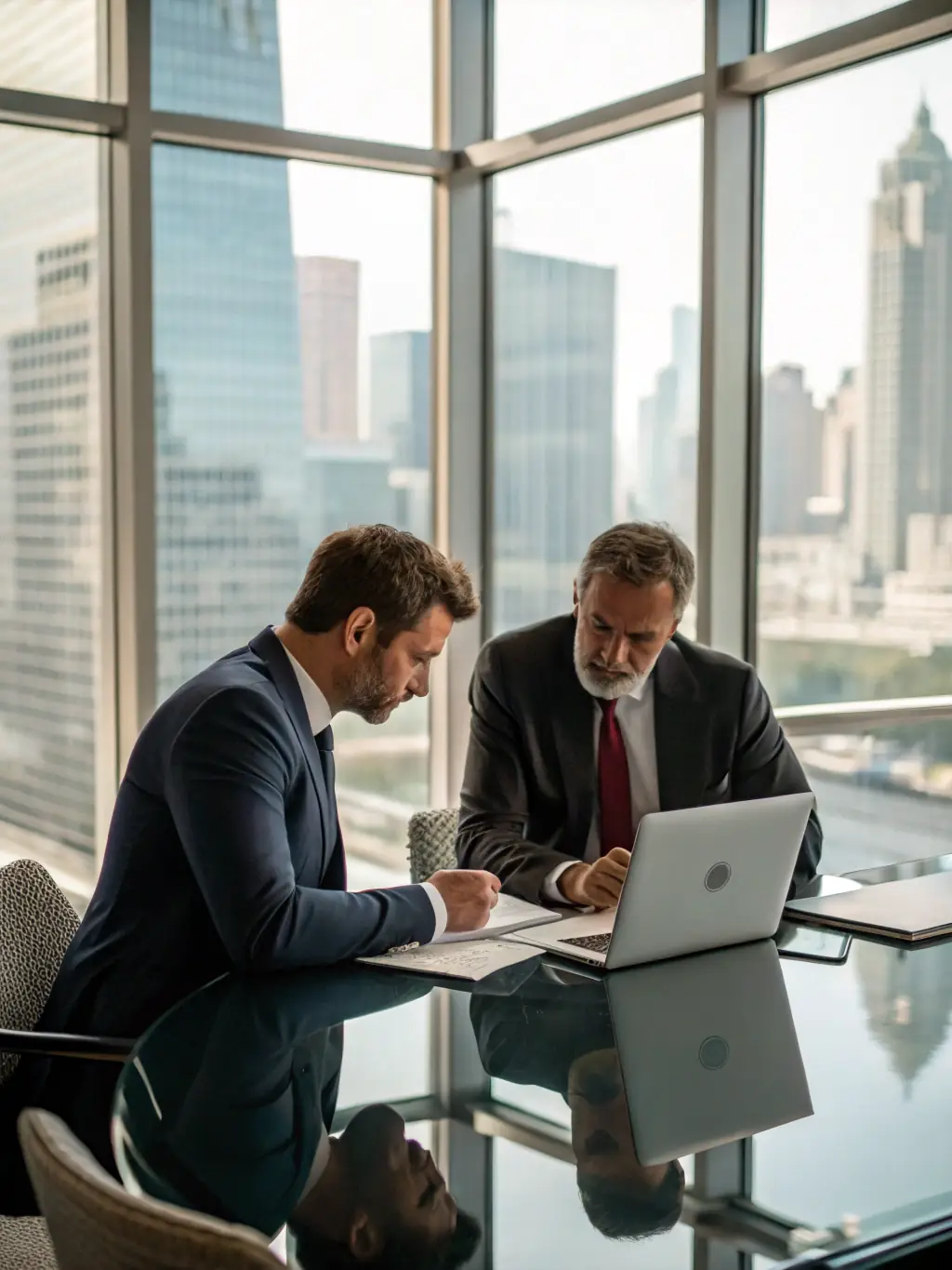 A modern office setting with financial advisors collaborating on investment strategies, highlighting expertise and personalized client service.